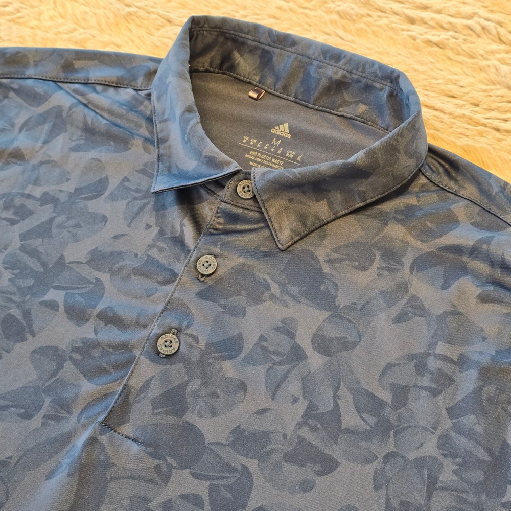 Adidas Golf‎ Mens Medium Navy Blue Tonal Leaf Print Performance Polo Shirt